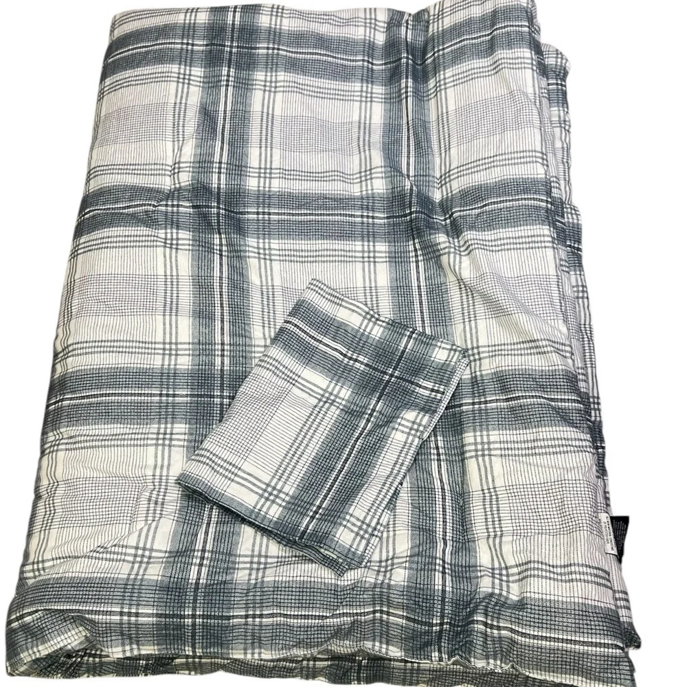 Brooks Brothers Twin Plaid Cotton Flannel Comforter And Sham Gray White EUC